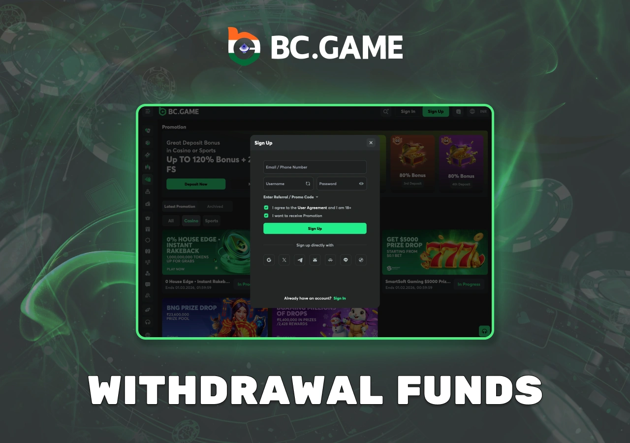 Process of withdrawing funds from the account on the BC Game platform